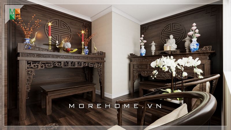 Gia chủ đã đầu tư nhiều vào nơi thiêng liêng này khi sử dụng mẫu gỗ lát nền và gỗ ốp tường bàn thờ để tạo ra một cảm giác trang trọng.